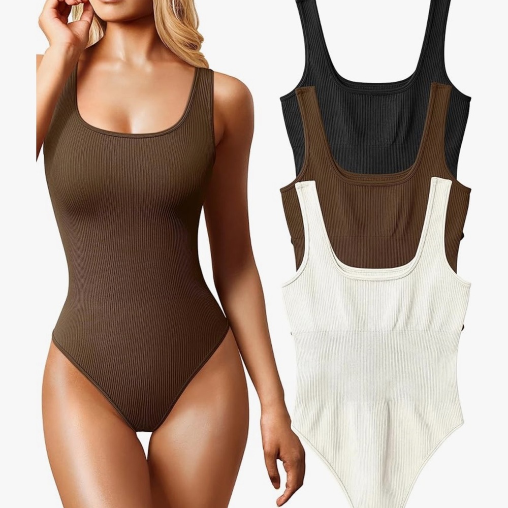 Women's 3 Piece Bodysuits Ribbed Sleeveless Square Neck.